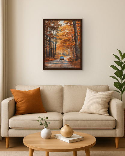Wall art painting of a blue car driving through an autumn forest on a road flanked by trees with autumn foliage.