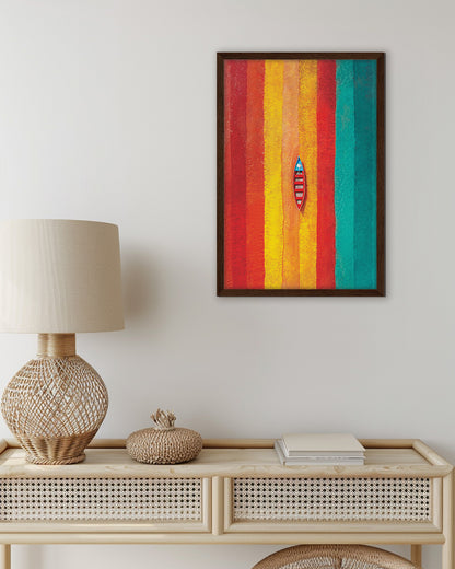 Wall art with colorful striped sea with a small boat in the center