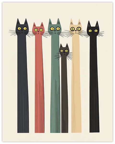 Wall art illustration of six cats in different colors on a beige background