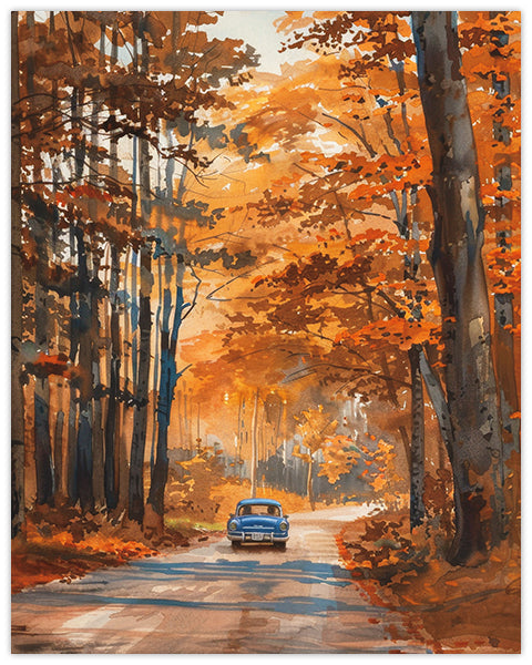 Wall art painting of a blue car driving through an autumn forest on a road flanked by trees with autumn foliage.