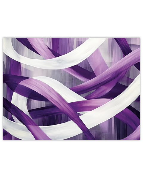 Abstract wall art with tangled purple and white ribbons