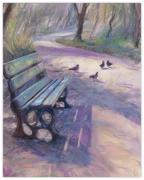 Wall art painting of a bench beside a small walking path in a park with birds pecking around it