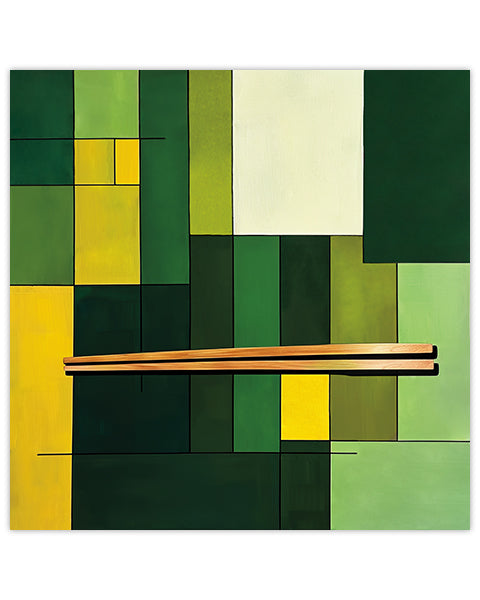 Abstract wall art piece featuring two chopsticks on a background with geometric shapes in green, yellow, and brown
