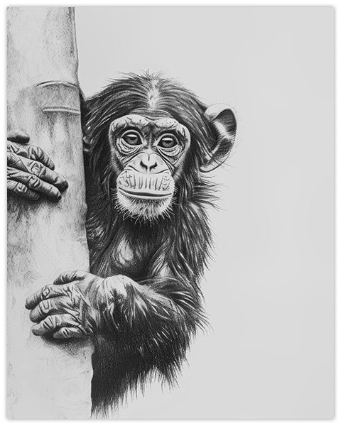 Wall art featuring a pencil drawing of a chimpanzee holding onto a tree trunk