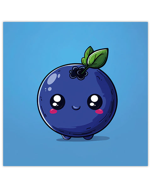 Wall art featuring a cute cartoon blueberry with a smiling face on a blue background