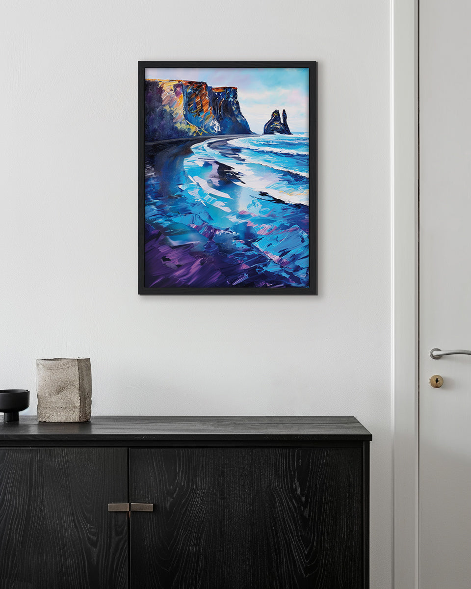 Colorful painting of a coastal scene with cliffs and waves. Black sand beach in Iceland.