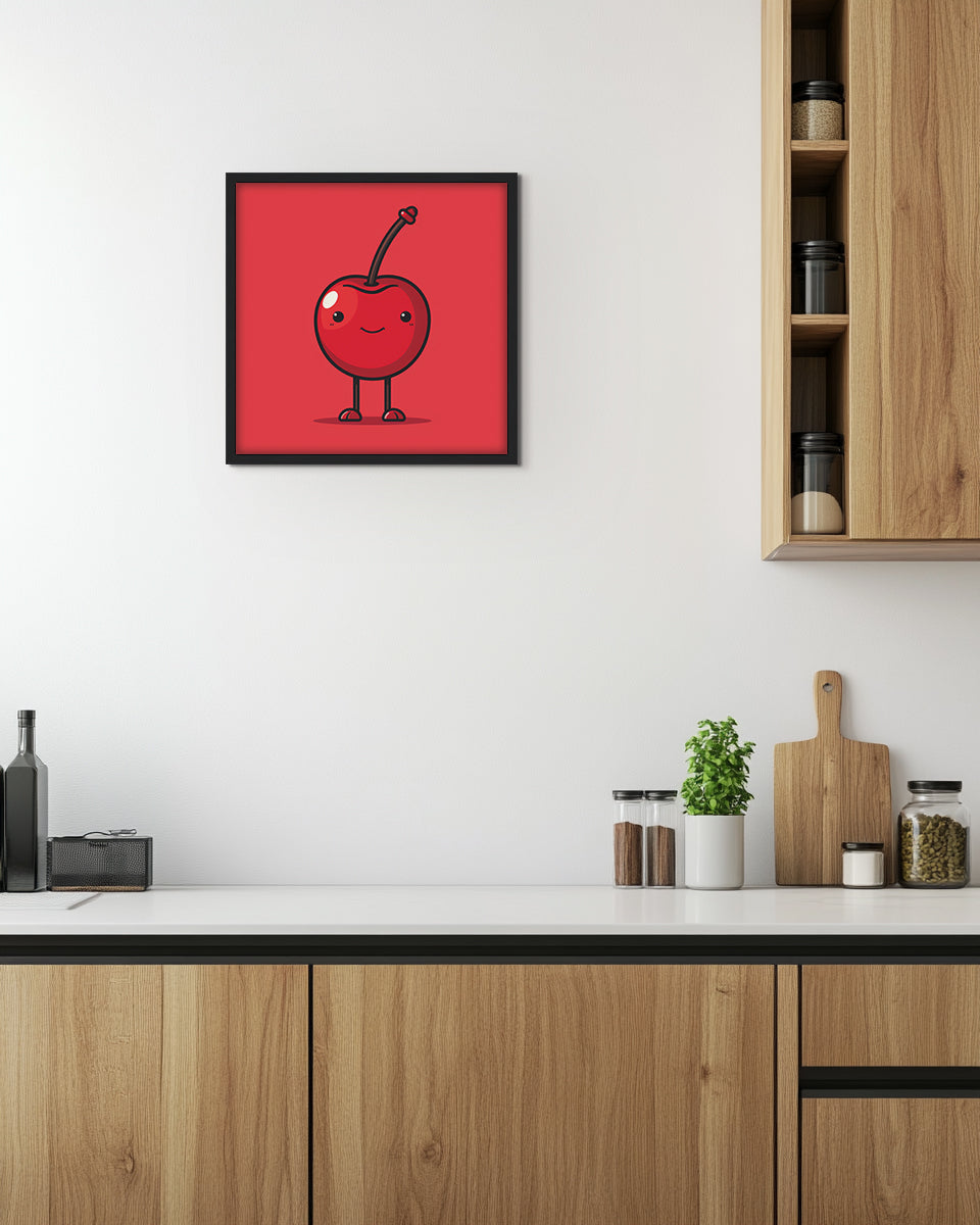 Wall art featuring a cartoon cherry character on a red background