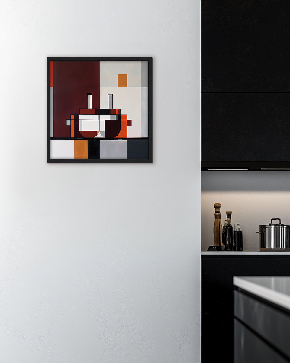 Abstract wall art piece featuring a modern stove against a background with geometric shapes in brown, orange, black, and white