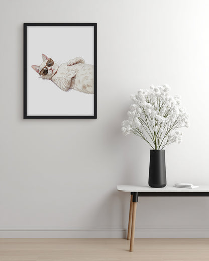 Wall art of a posh white cat wearing sunglasses on a white background