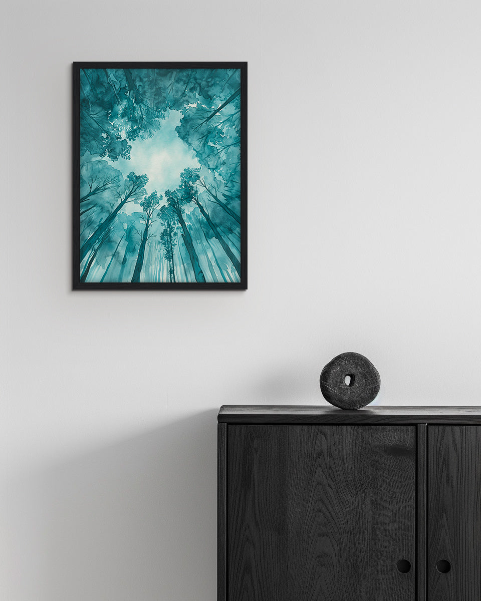 Artistic wall art featuring a forest canopy with trees in teal and blue tones