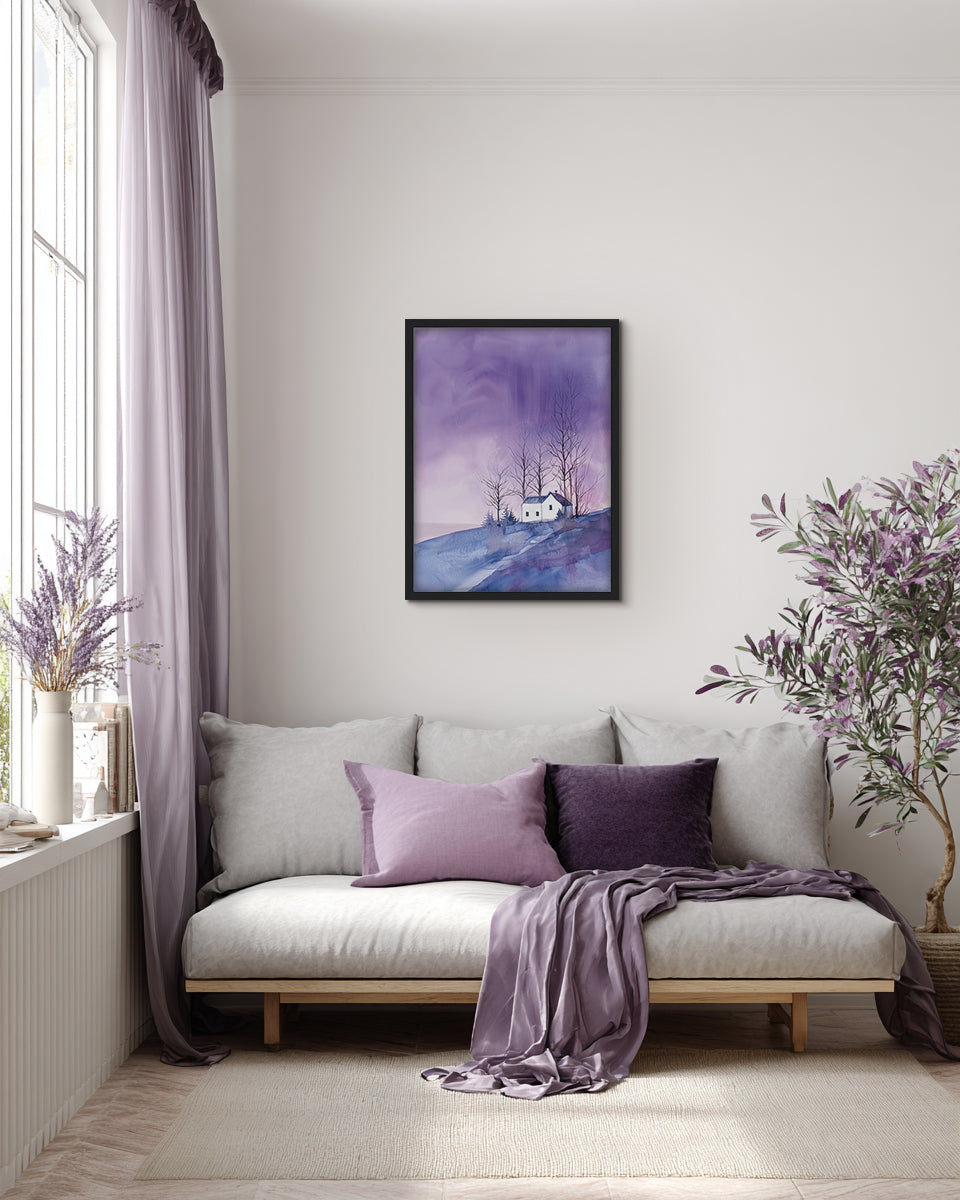 Wall art of a landscape with a small house and trees perched atop a hill under a purple sky