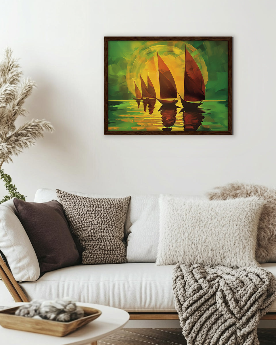 Wall art painting of sailboats on water with a colorful sun in the background