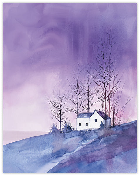 Wall art of a landscape with a small house and trees perched atop a hill under a purple sky