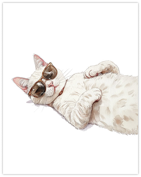 Wall art of a posh white cat wearing sunglasses on a white background