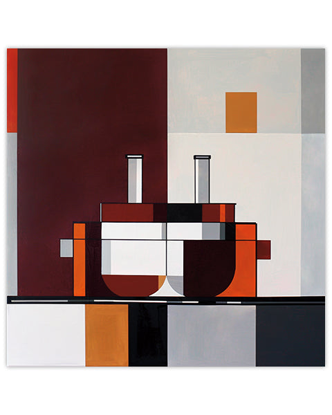 Abstract wall art piece featuring a modern stove against a background with geometric shapes in brown, orange, black, and white