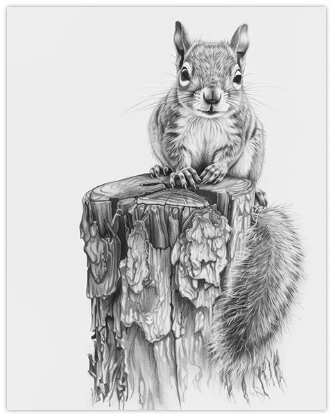 Wall art pencil drawing of a chipmunk on a tree stump