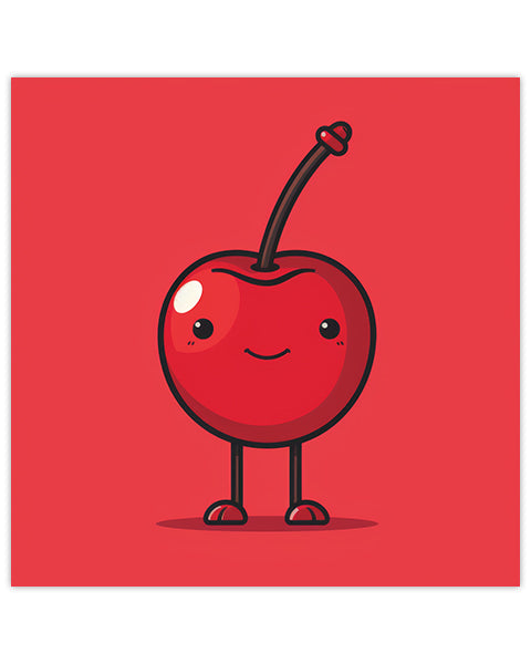 Wall art featuring a cartoon cherry character on a red background