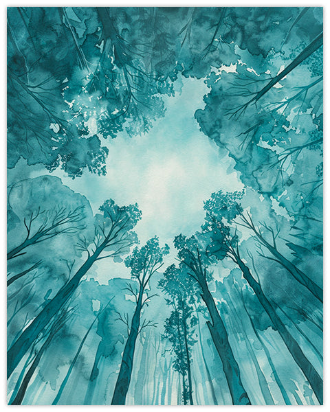 Artistic wall art featuring a forest canopy with trees in teal and blue tones