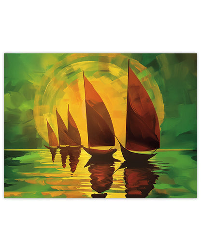 Wall art painting of sailboats on water with a colorful sun in the background