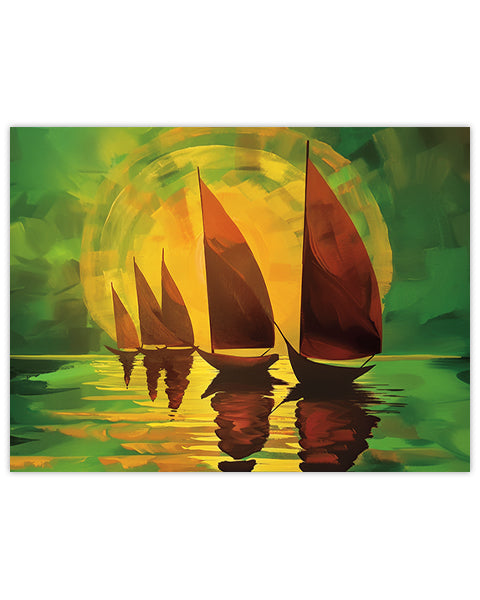 Wall art painting of sailboats on water with a colorful sun in the background