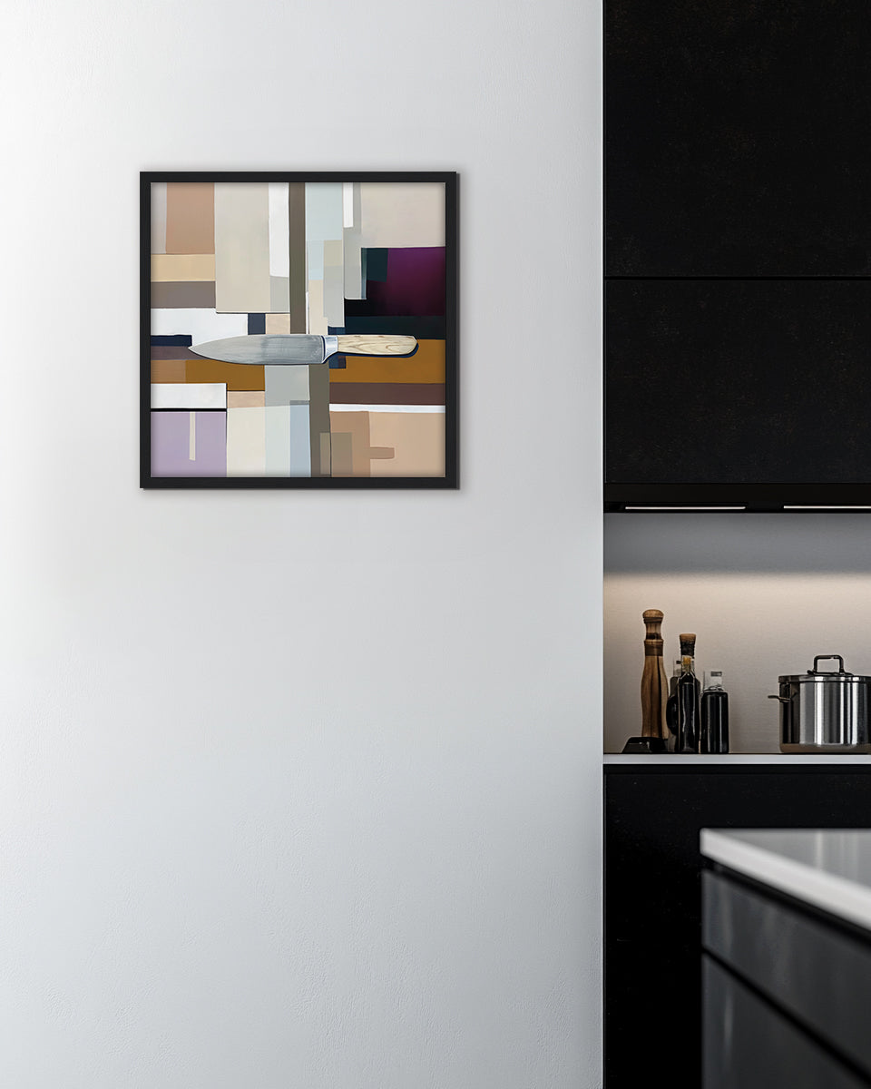 Wall art featuring a kitchen knife on a geometric abstract background