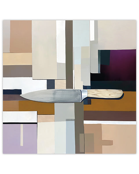 Wall art featuring a kitchen knife on a geometric abstract background