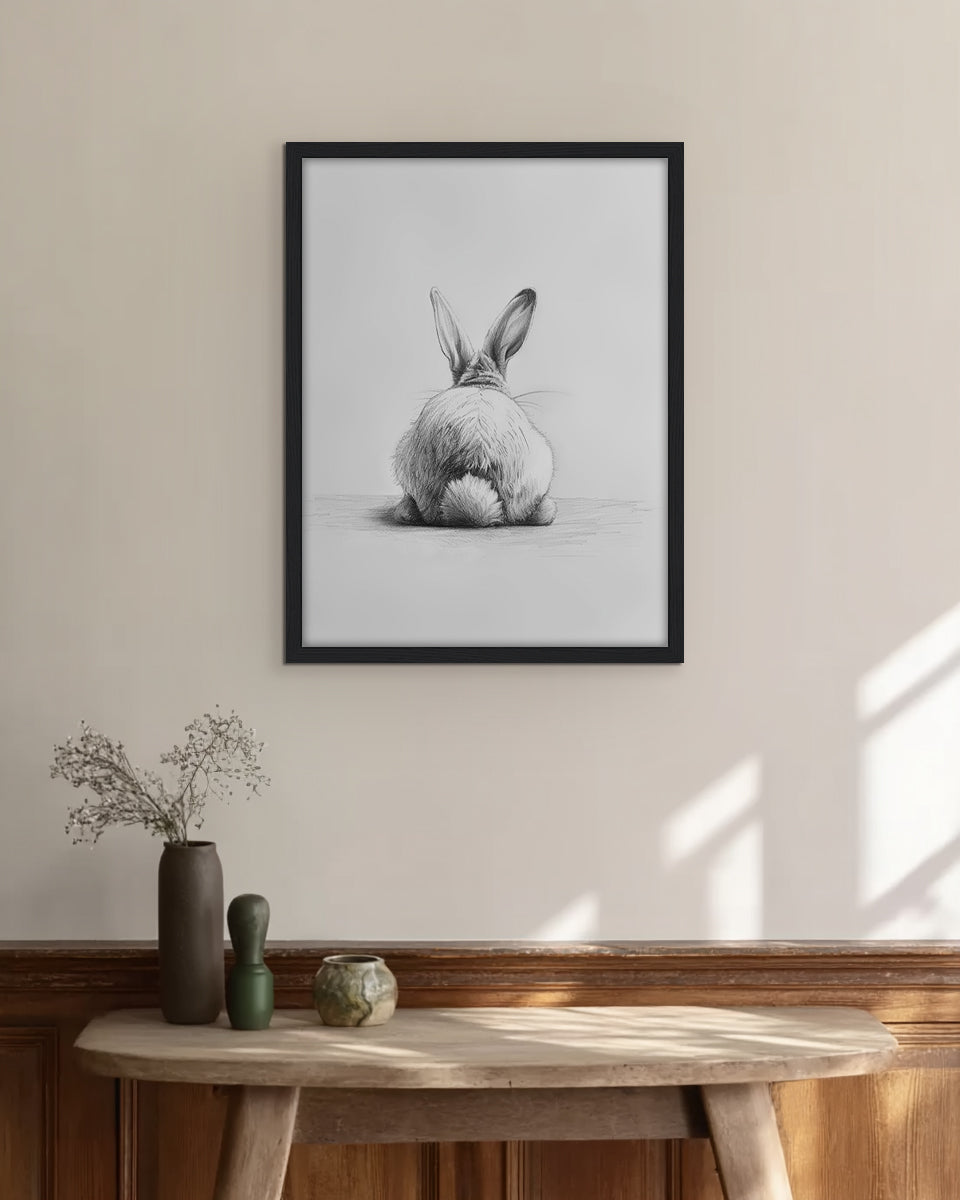 Wall art pencil drawing of a rabbit from behind on a white background