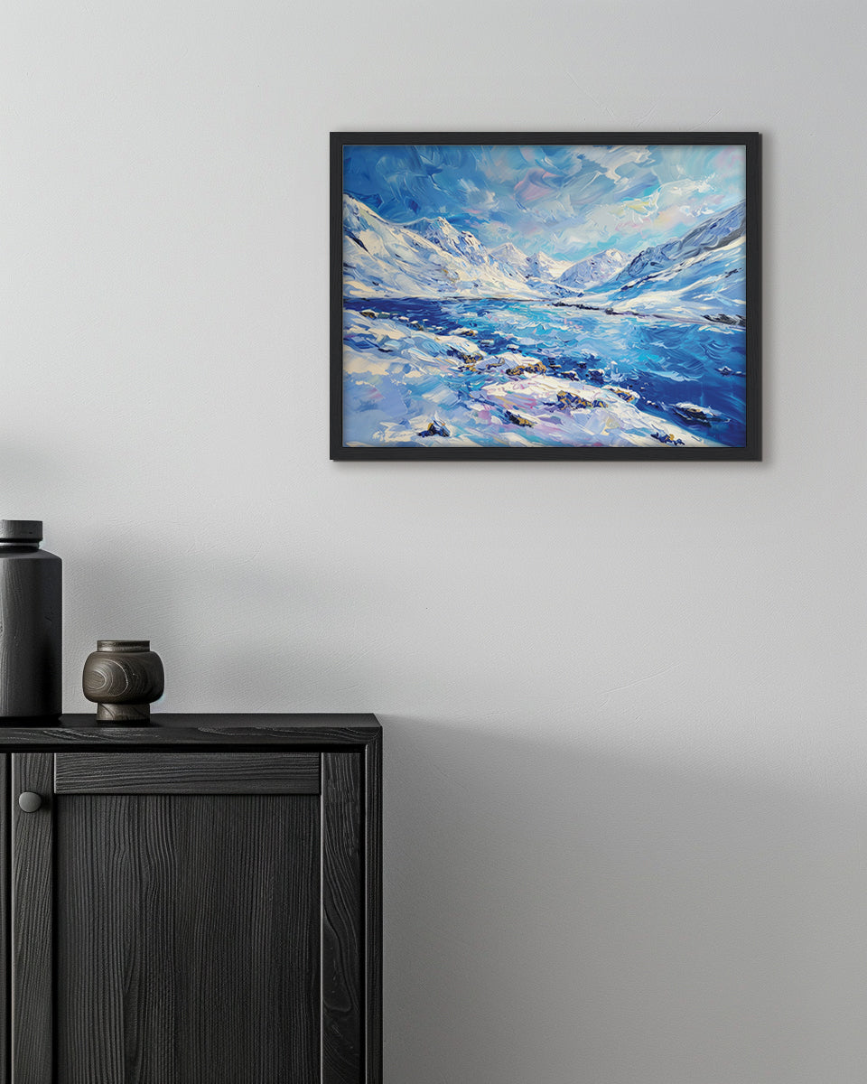 Painting of a snowy landscape with a lake and mountains in Iceland