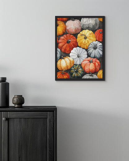 Wall art print of colorful pumpkins in shades of creamy whites, dusky blues, soft greens, and rich oranges