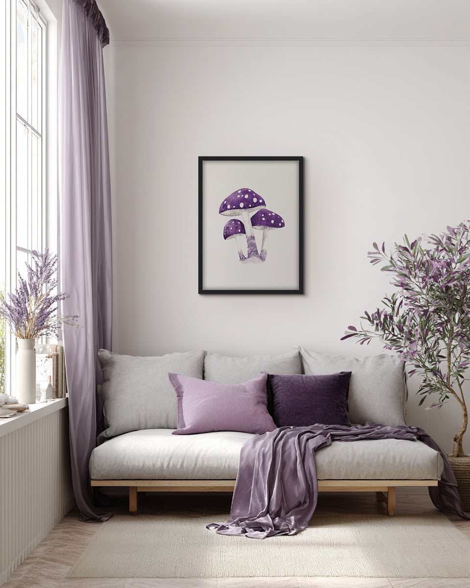 Wall art painting of purple mushrooms with white spots on a light background