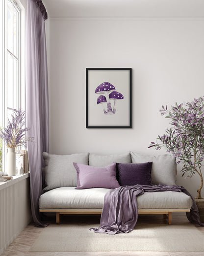 Wall art painting of purple mushrooms with white spots on a light background