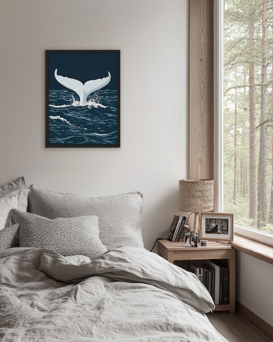 Wall art illustration of a whale tail emerging from the water on a dark blue background