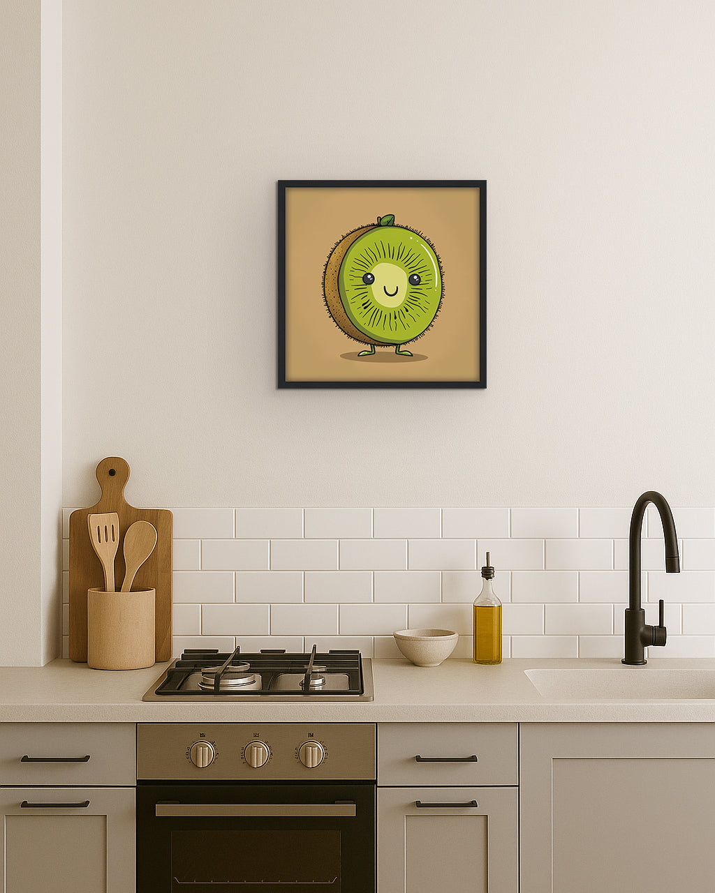 Wall art featuring a cartoon kiwi character with a smiling face on a brown background