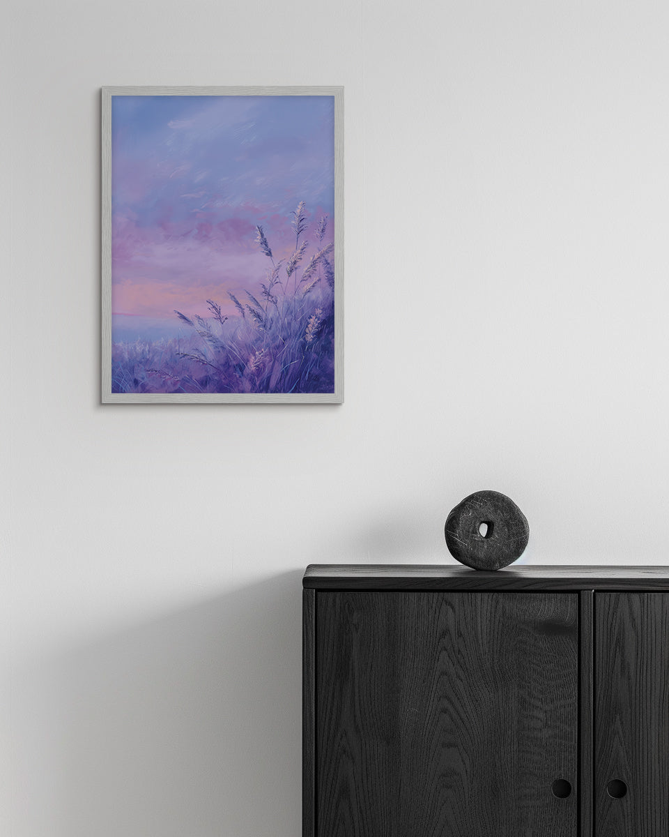 Painting of a field of lavender against a twilight sky