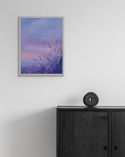 Painting of a field of lavender against a twilight sky