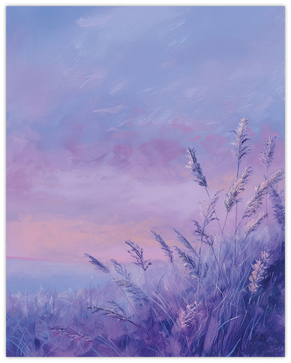 Painting of a field of lavender against a twilight sky