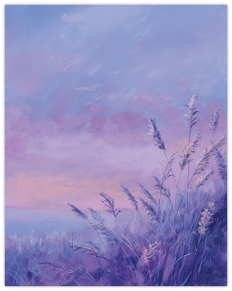 Painting of a field of lavender against a twilight sky