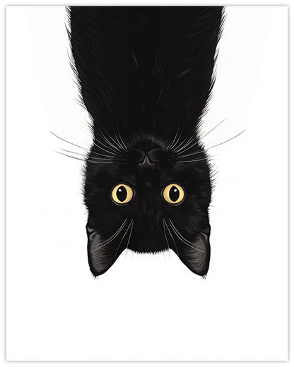 Wall art illustration of a black cat hanging upside down on a white background
