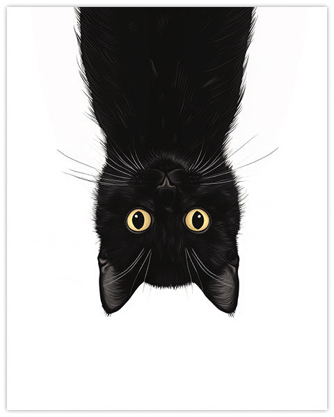 Wall art illustration of a black cat hanging upside down on a white background