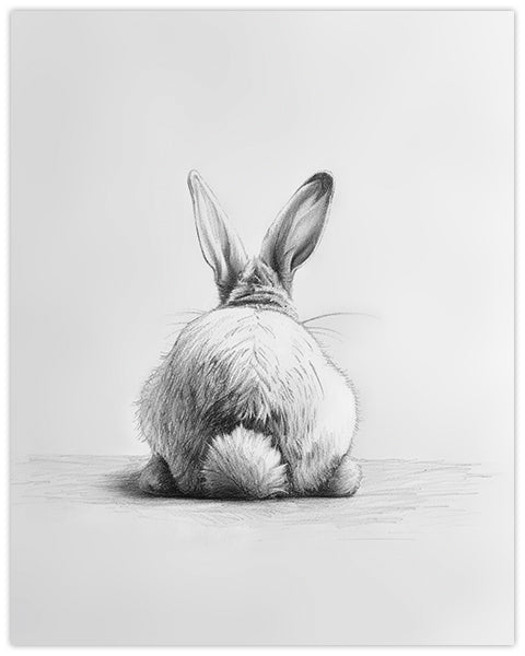 Wall art pencil drawing of a rabbit from behind on a white background