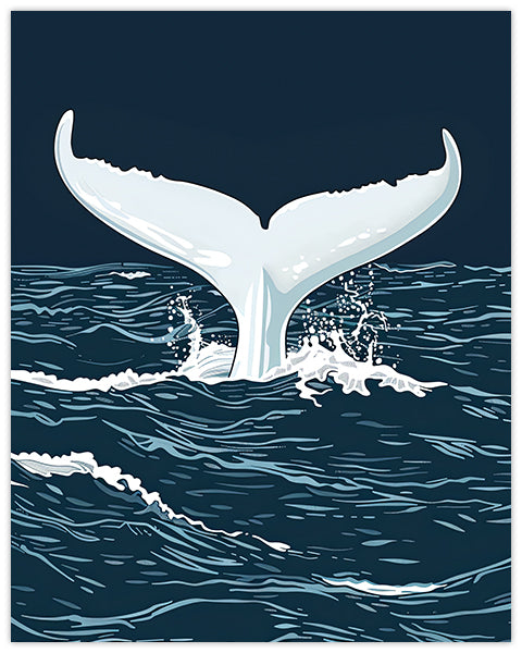 Wall art illustration of a whale tail emerging from the water on a dark blue background