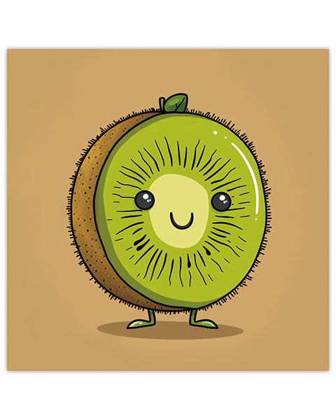 Wall art featuring a cartoon kiwi character with a smiling face on a brown background
