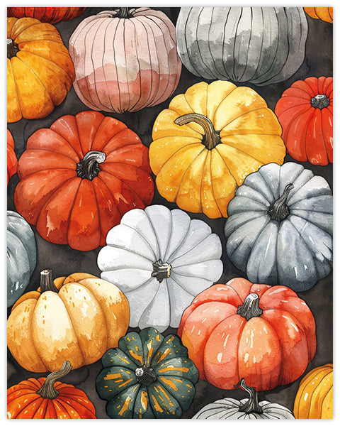 Wall art print of colorful pumpkins in shades of creamy whites, dusky blues, soft greens, and rich oranges
