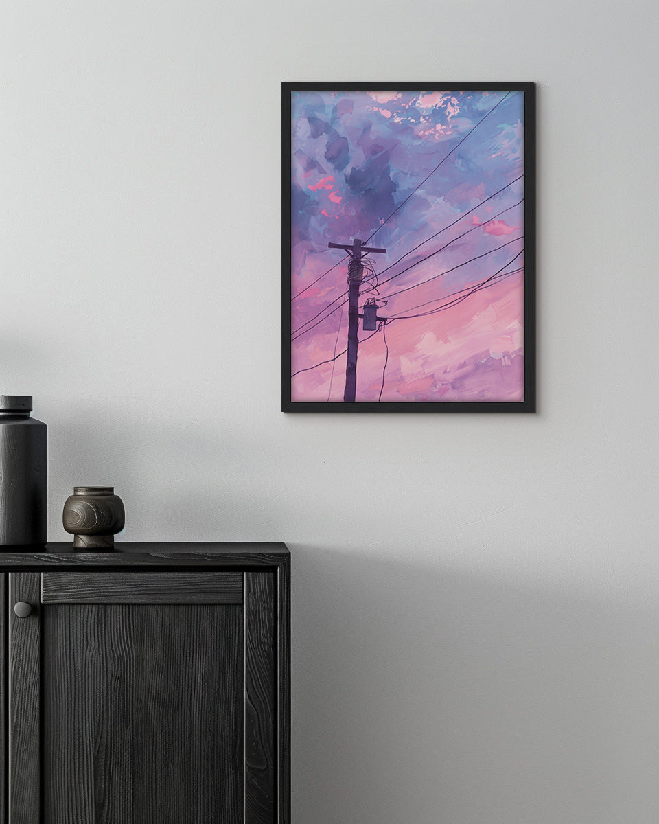 Artistic wall art of a power pole with wires against a dreamy sky of ice cream pink