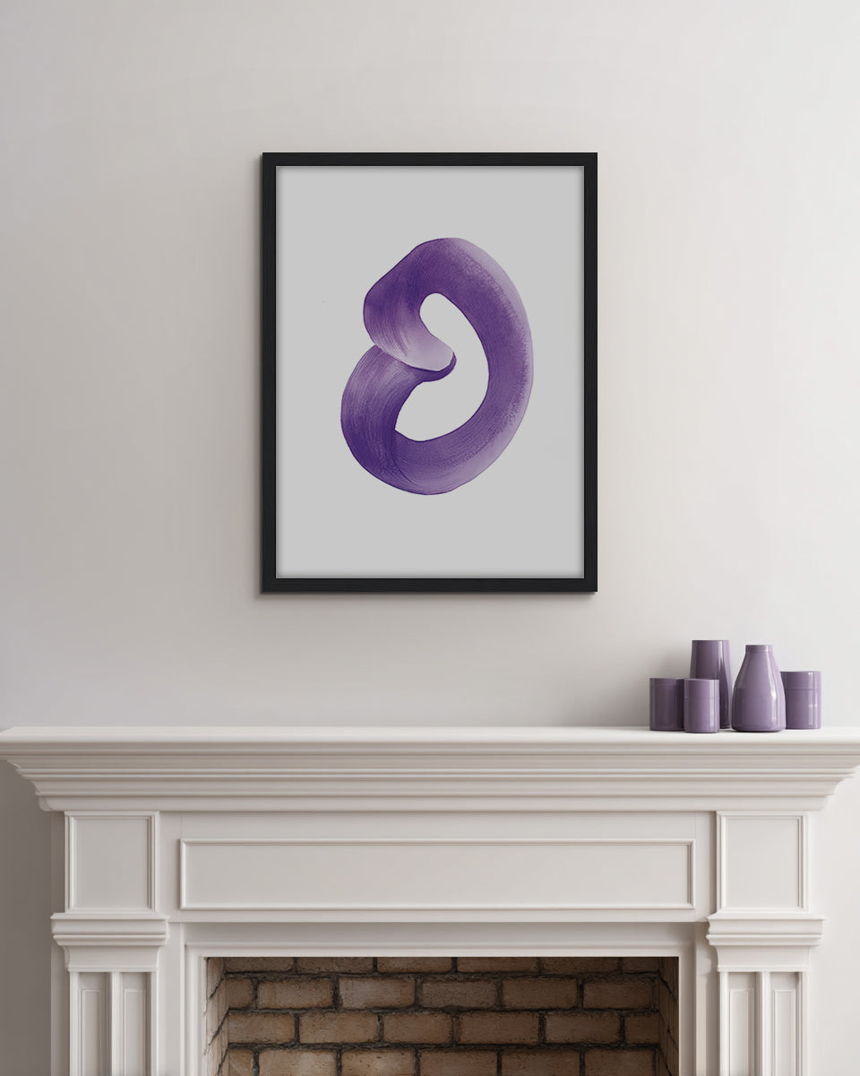 Abstract wall art featuring an unbroken purple brushstroke on a white background
