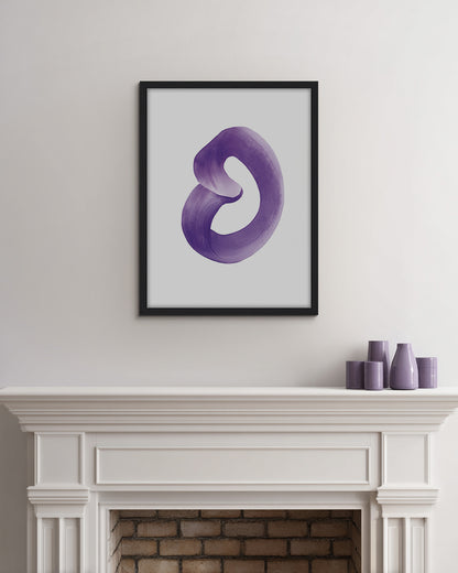 Abstract wall art featuring an unbroken purple brushstroke on a white background