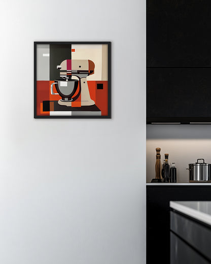 Colorful abstract wall art of a kitchen mixer on a geometric patterned background