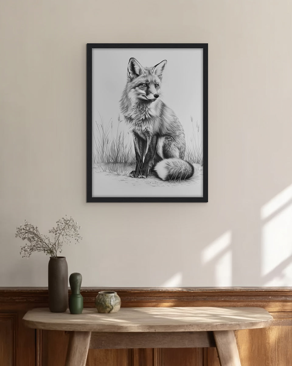 Wall art pencil drawing of a fox sitting in grass