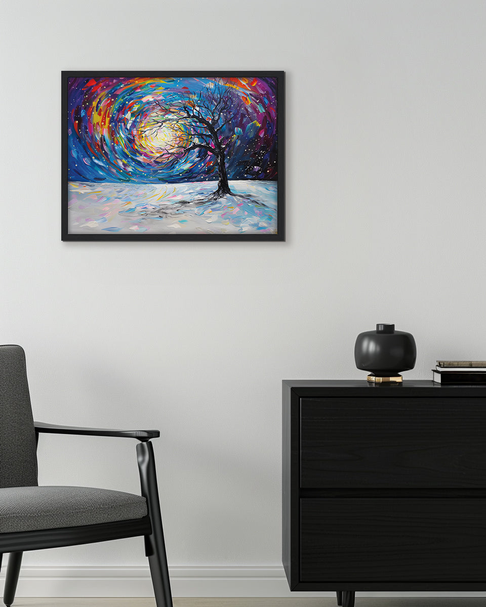 Abstract painting of a tree in winter with colorful swirling patterns in the background