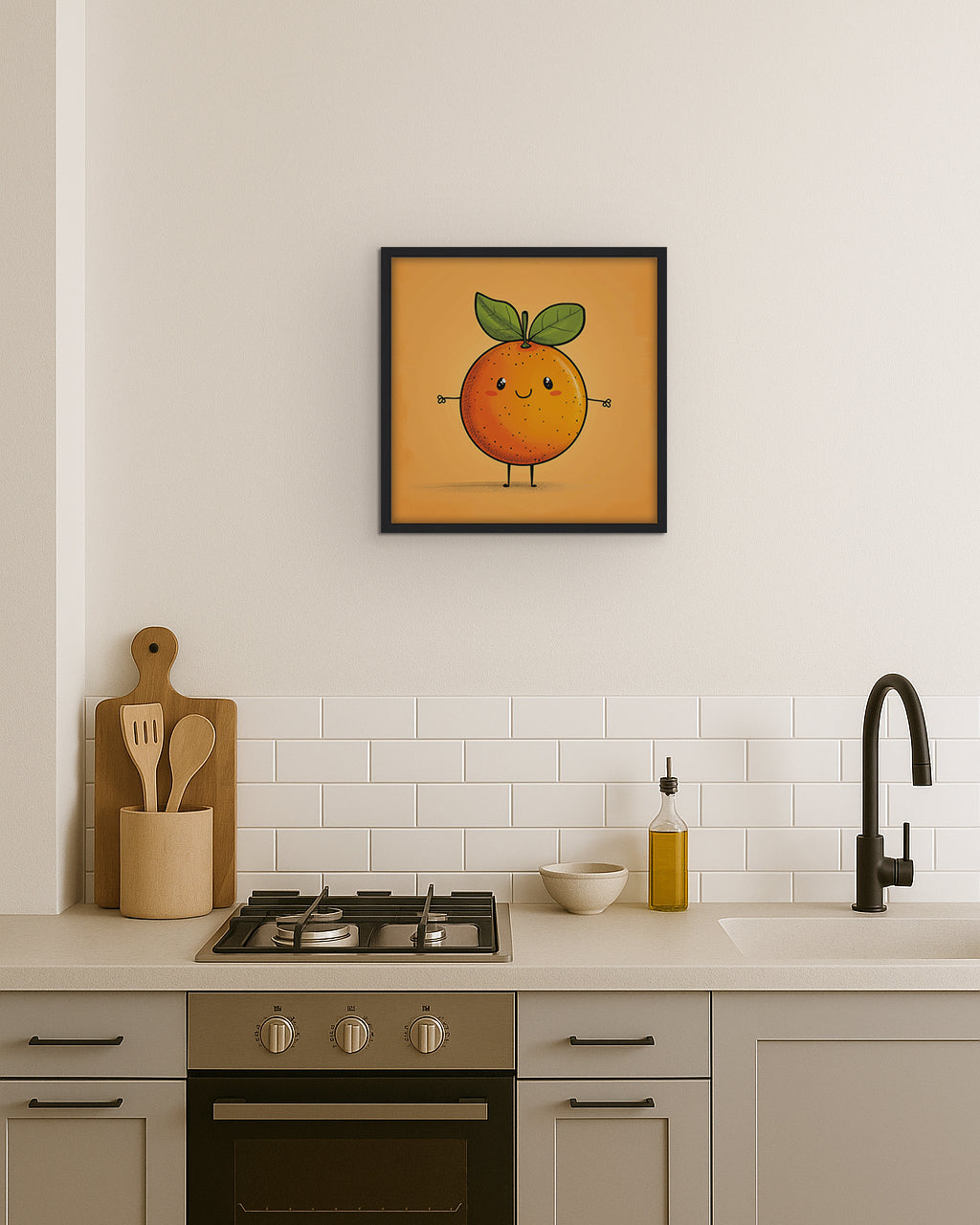Wall art featuring a cartoon orange character with a happy expression on an orange background